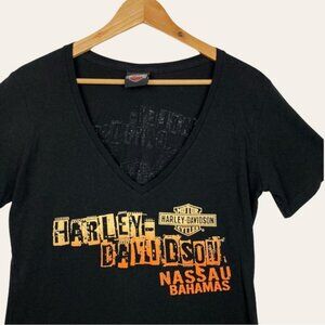 Harley Davidson Cycles Nassau Bahamas Graphic V Neck Short Sleeve Black Shirt